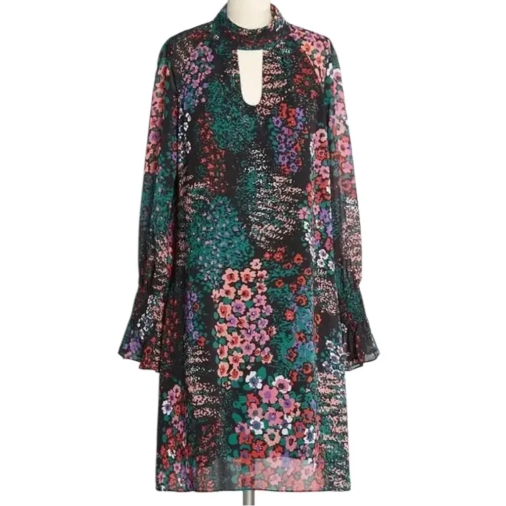 NWT Molly Bracken Black Floral Chiffon Choker Collar Dress Size Medium